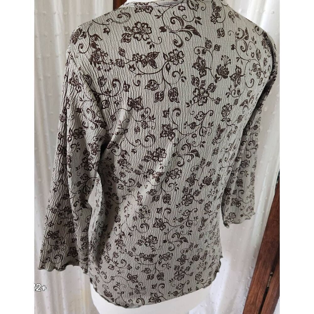 Croft & Barrow dressy Gray-Green top with brown floral pattern 3/4 sleeves Sz M - Picture 4 of 8